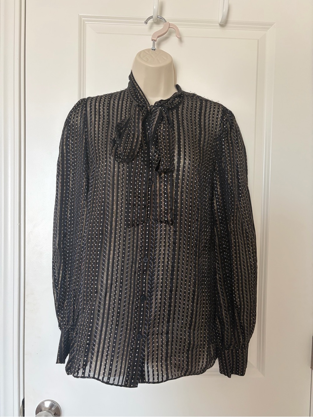Diane Von Furstenberg Black Sheer Tie-Neck Blouse with Metallic Dots